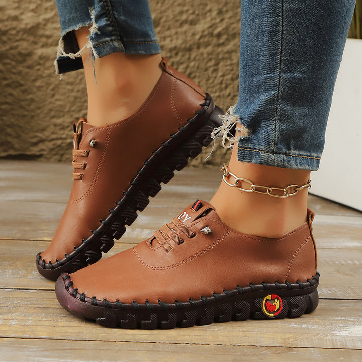 Casual Lace-Up Loafers for Women – Soft Leather Stitched Comfort Shoes with Anti-Slip Sole