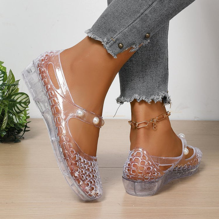 Sparkly Transparent Crocodile Mary Jane Jelly Flats - Pearl Strap Wedge Shoes