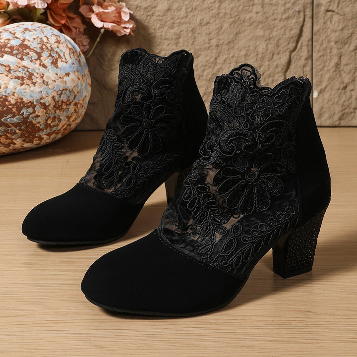 Elegant Lace Suede Ankle Boots – Floral Embroidered Block Heel Booties with Rhinestone Detail