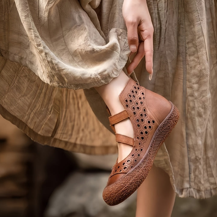 Women Retro Leather Cutout Mary Jane Shoes - Comfortable Breathable Wedge Sandals