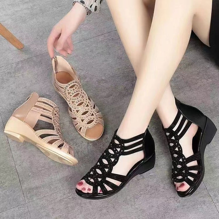 Women Peep Toe Cutout Wedge Sandals Rhinestone Hollow Out Gladiator Style Shoes