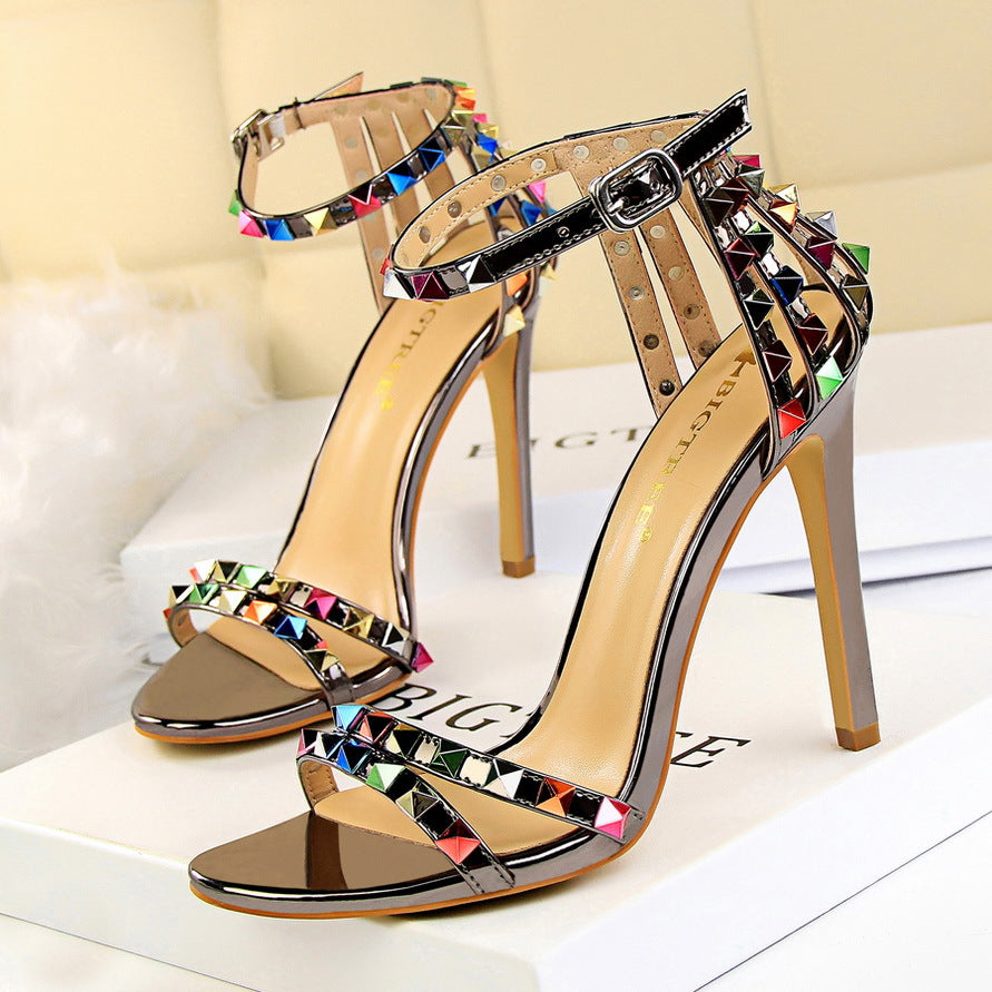 Multicolor Rivet Studded Stiletto Sandals Women - Sexy Strappy High Heel Party Sandals