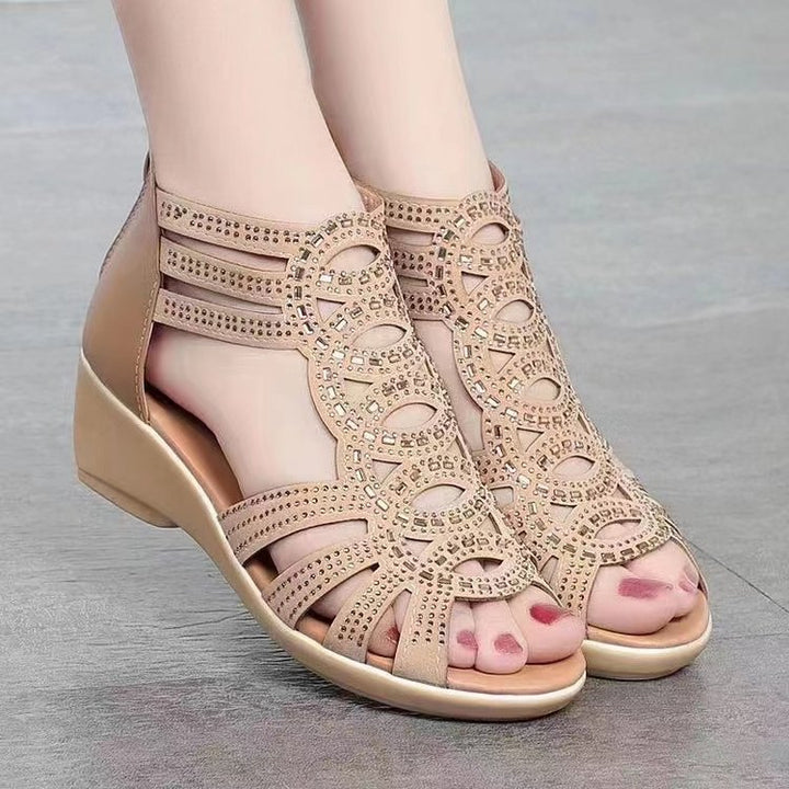 Women Peep Toe Cutout Wedge Sandals Rhinestone Hollow Out Gladiator Style Shoes