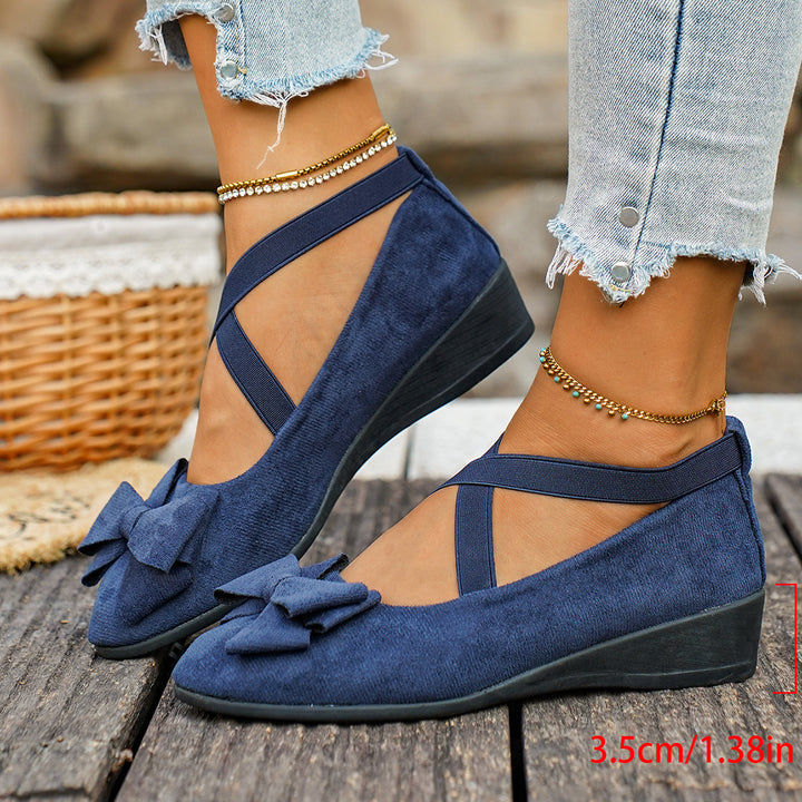 Women Bow Wedge Shoes Criss Cross Strap Suede Mary Jane Flats