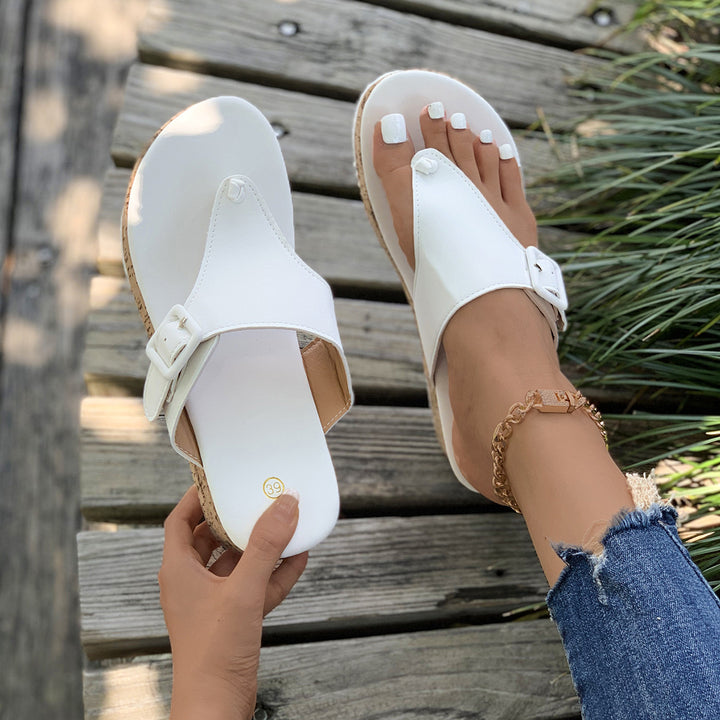 Comfortable Beige Cork Wedge Platform Thong Sandals – Buckle Strap Summer Slides