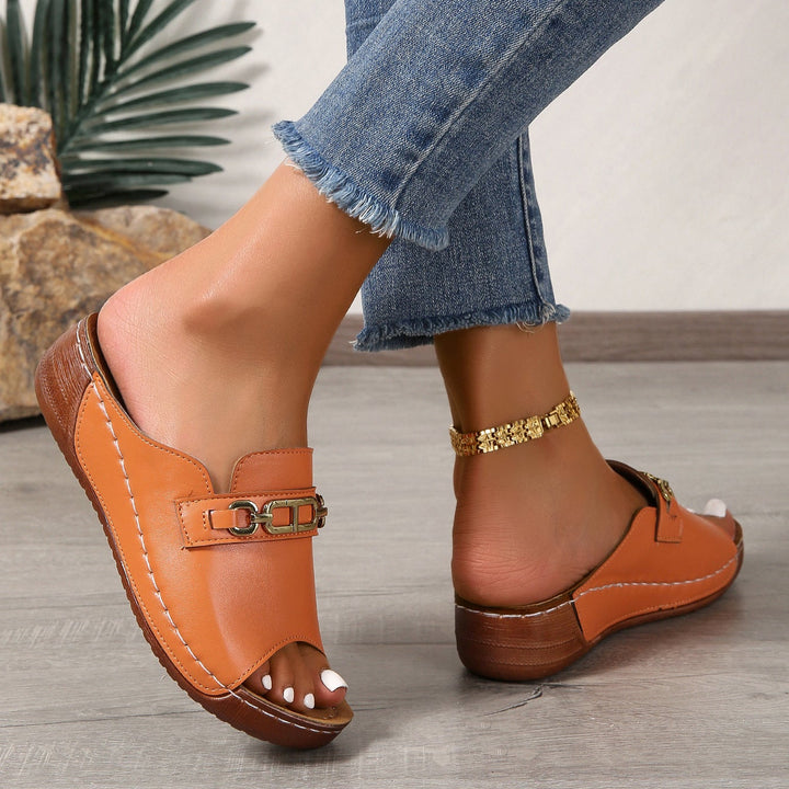 Peep Toe Wedge Mules with Chain Detail – Women&