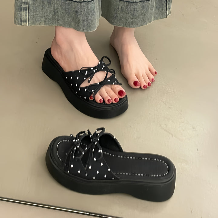 Polka Dot Bow Platform Slide Sandals Women - Chunky Thick Sole Summer Slippers
