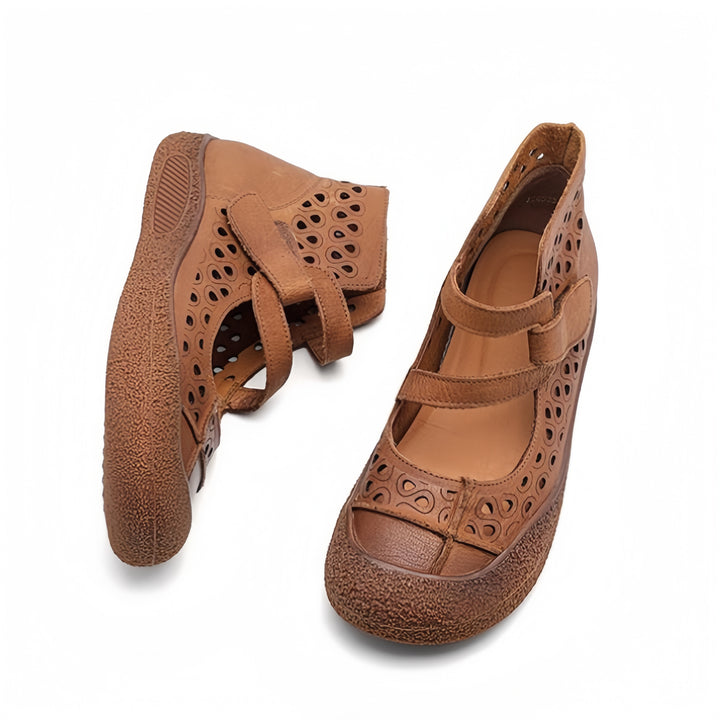 Women Retro Leather Cutout Mary Jane Shoes - Comfortable Breathable Wedge Sandals