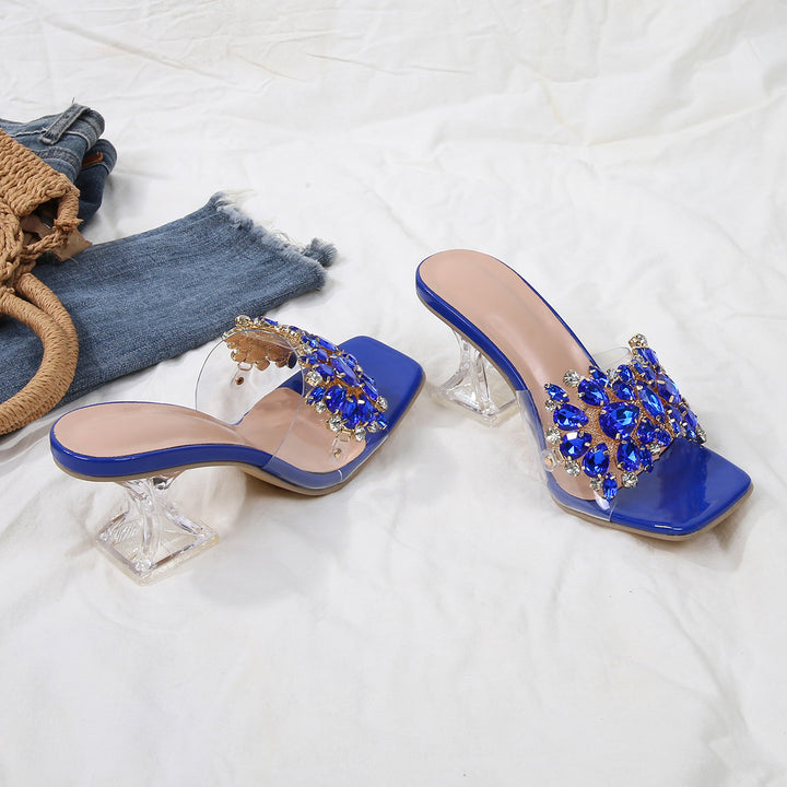 Sparkle Square Toe Clear Heeled Sandals – Rhinestone Embellished Transparent Mules