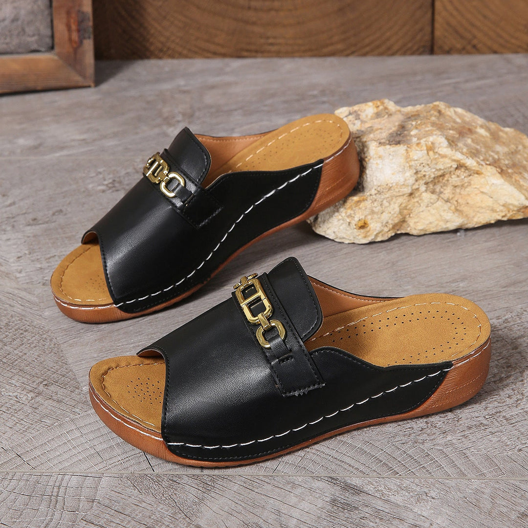 Peep Toe Wedge Mules with Chain Detail – Women&