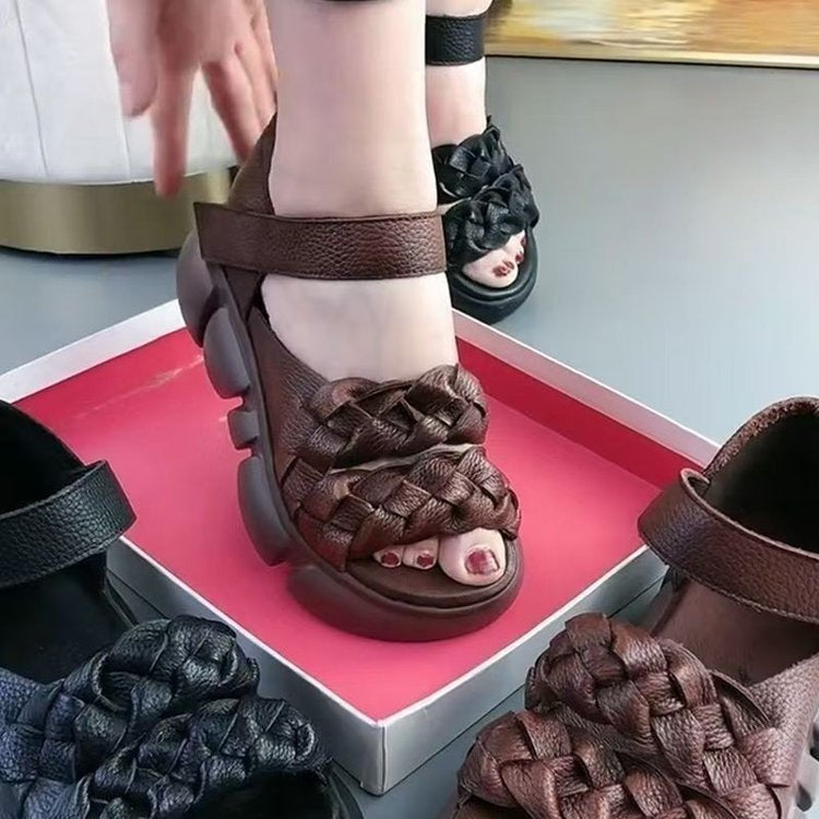 Chunky Platform Braided Sandals for Women - Comfortable Woven Strappy Summer Shoes