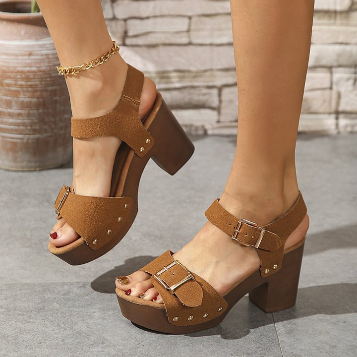 Chunky Platform Block Heel Sandals with Buckle Straps – Suede Peep Toe Mules