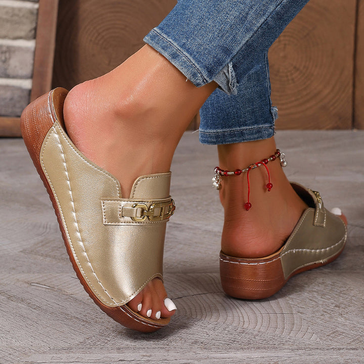 Peep Toe Wedge Mules with Chain Detail – Women&