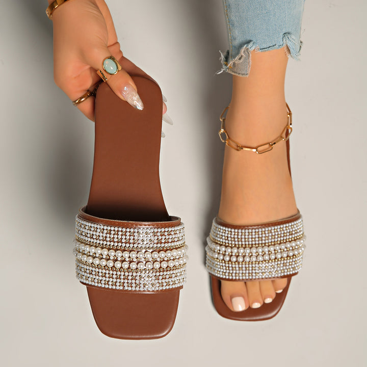 Pearl Rhinestone Embellished Square Toe Slide Sandals – Flat Comfort Mules