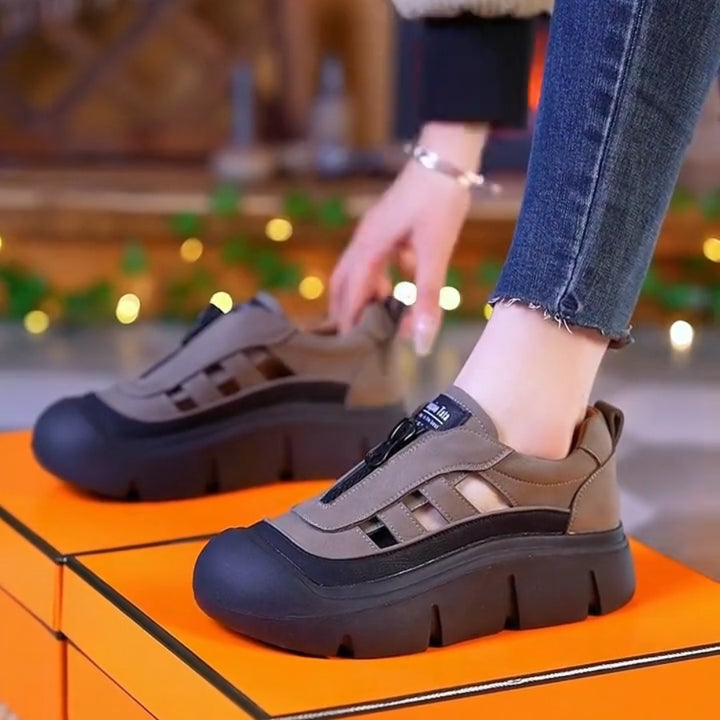 Women Chunky Platform Slip-On Sneakers - Breathable Cutout Casual Walking Shoes