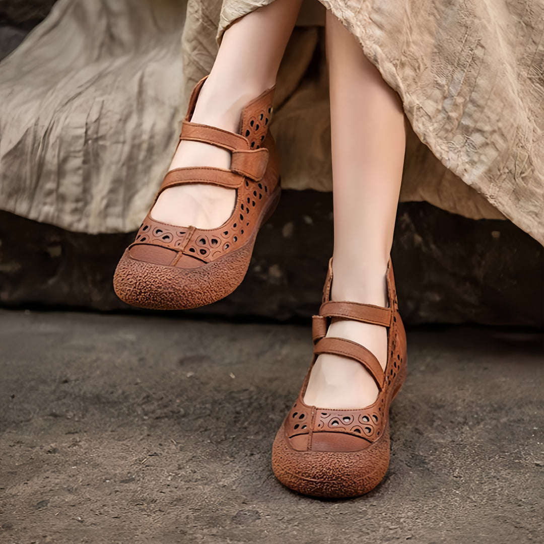Women Retro Leather Cutout Mary Jane Shoes - Comfortable Breathable Wedge Sandals