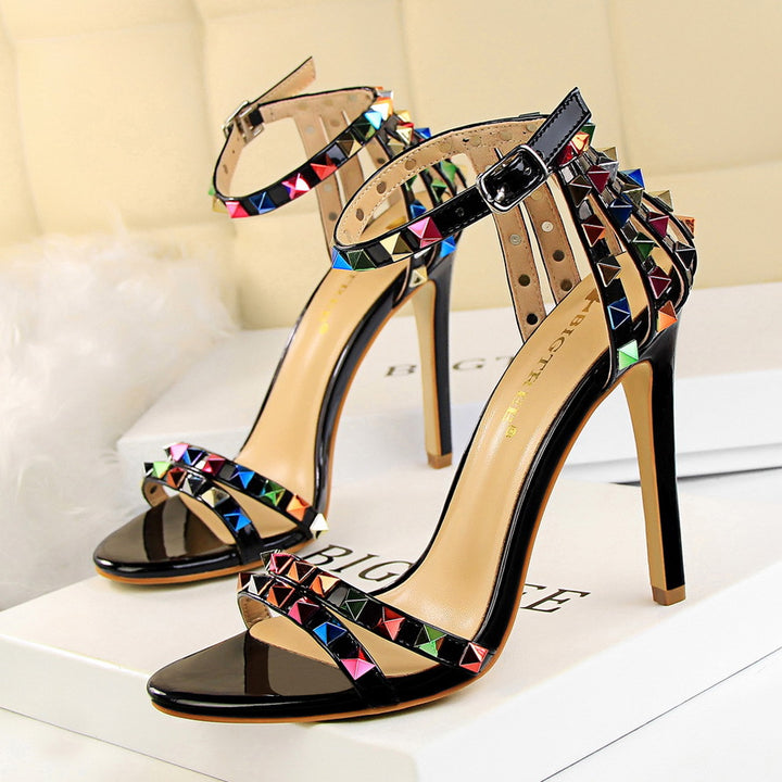Multicolor Rivet Studded Stiletto Sandals Women - Sexy Strappy High Heel Party Sandals