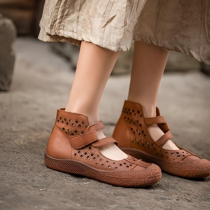 Women Retro Leather Cutout Mary Jane Shoes - Comfortable Breathable Wedge Sandals