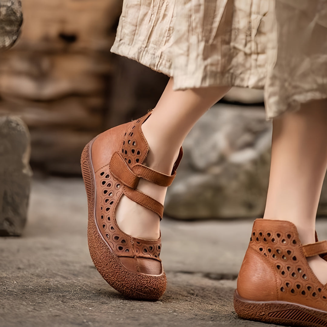 Women Retro Leather Cutout Mary Jane Shoes - Comfortable Breathable Wedge Sandals