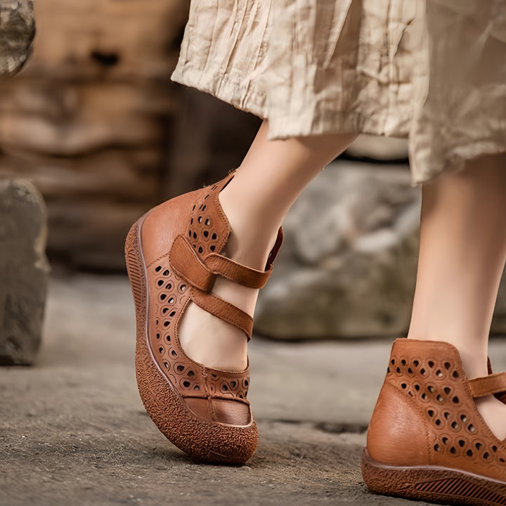 Women Retro Leather Cutout Mary Jane Shoes - Comfortable Breathable Wedge Sandals