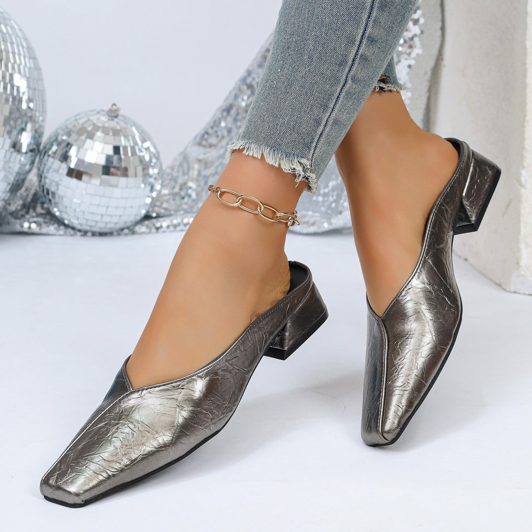 Chic Crocodile Texture Square Toe Block Heel Mules - 3.5cm Low Heel Slip-On Shoes