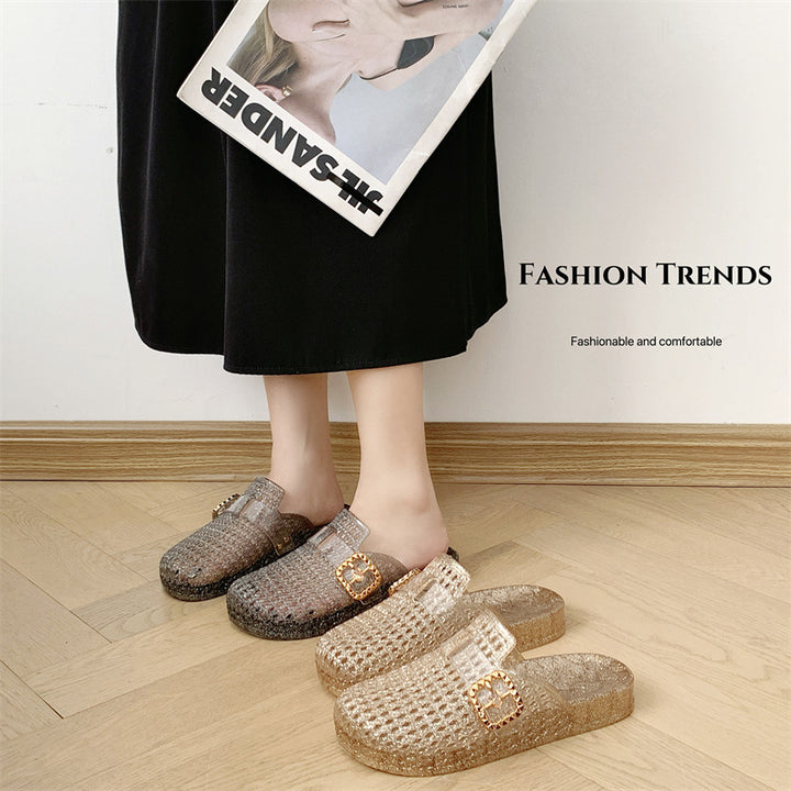Sparkly Glitter Platform Slide Sandals for Women – Buckle Decor Transparent Chunky Slides
