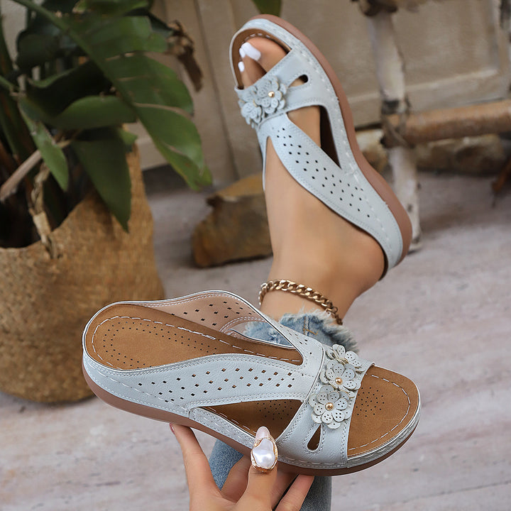 Women’s Platform Slide Sandals with Flower Embellishment – Perforated Breathable Comfort Wedges