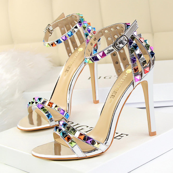 Multicolor Rivet Studded Stiletto Sandals Women - Sexy Strappy High Heel Party Sandals