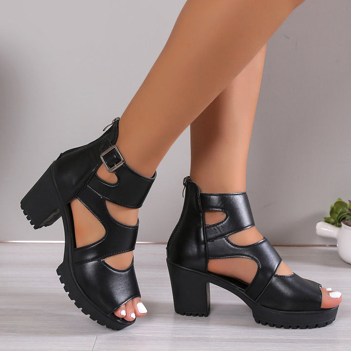 Women Peep Toe Platform Chunky Heel Sandals with Ankle Buckle 7.5cm