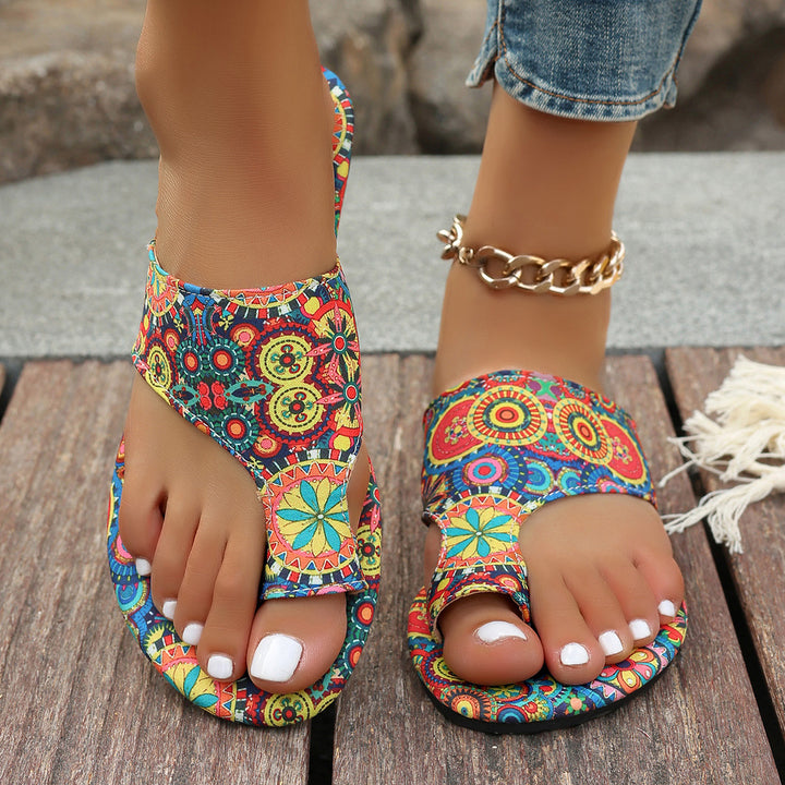 Boho Ethnic Paisley Print Flat Sandals – Women’s Bohemian Toe Ring Slides