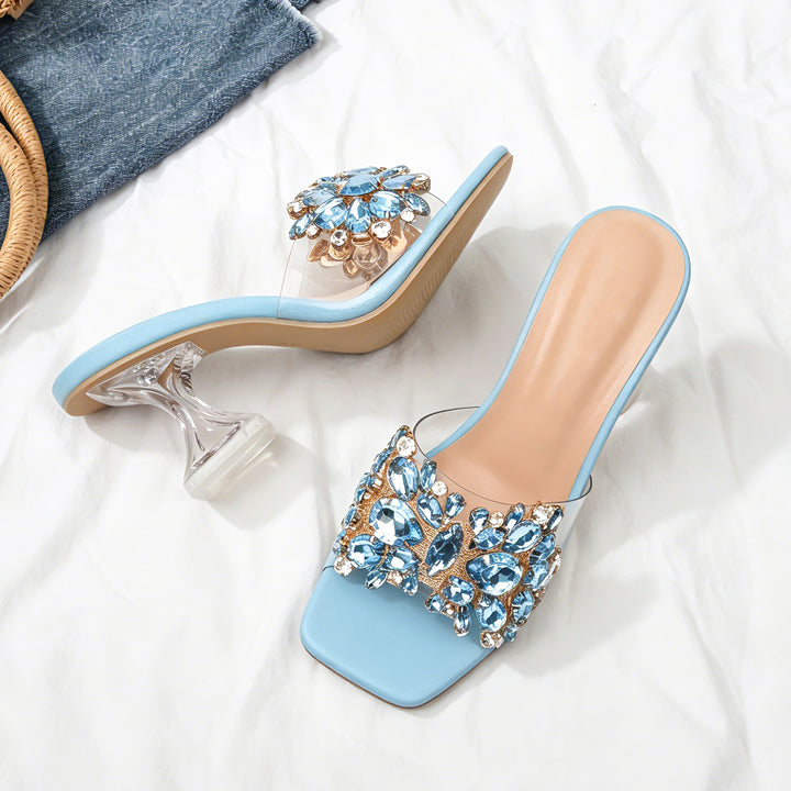 Sparkle Square Toe Clear Heeled Sandals – Rhinestone Embellished Transparent Mules