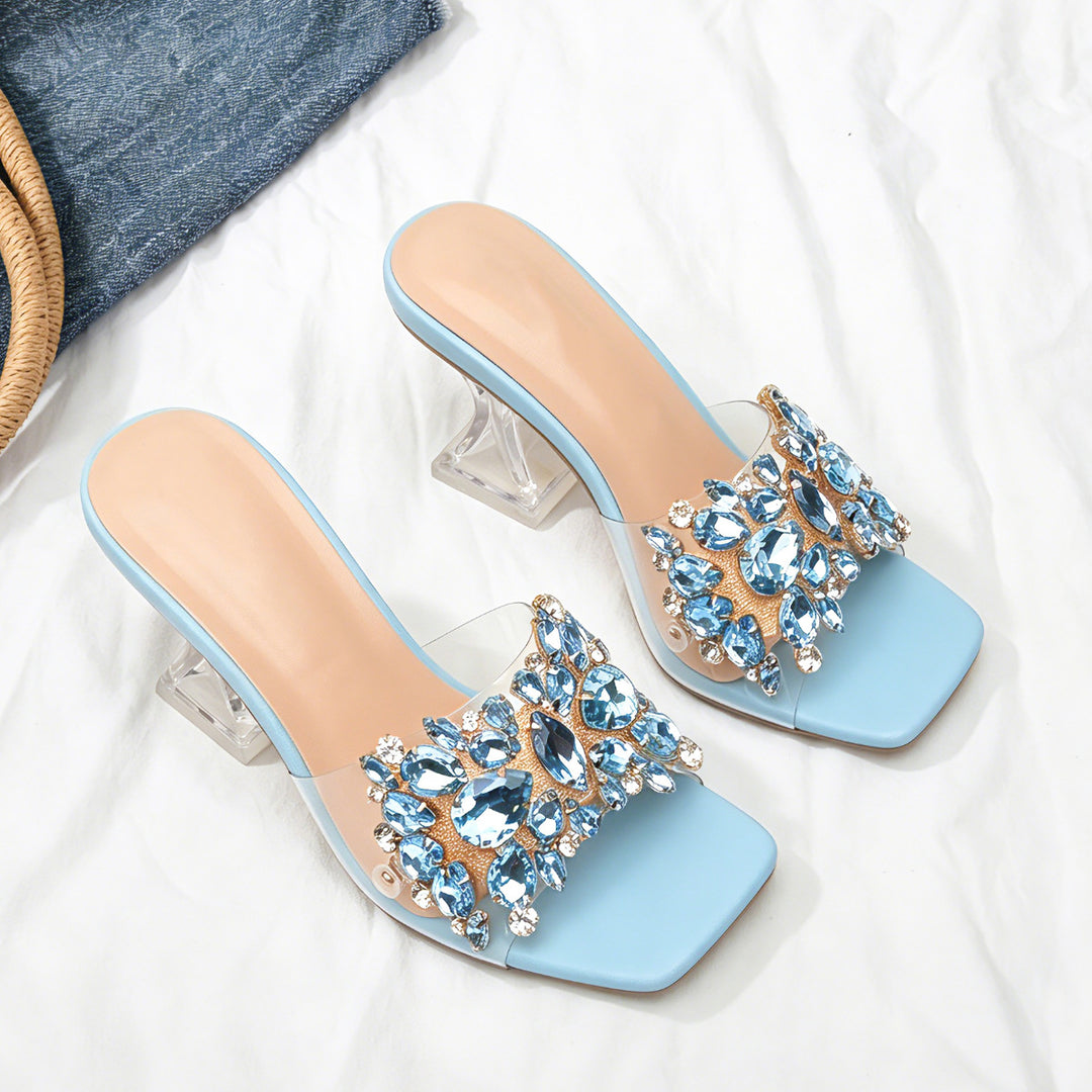 Sparkle Square Toe Clear Heeled Sandals – Rhinestone Embellished Transparent Mules