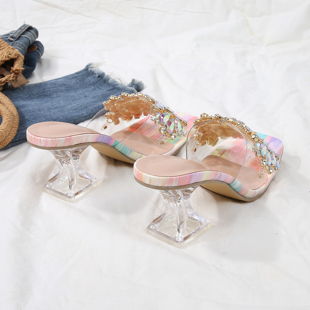 Sparkle Square Toe Clear Heeled Sandals – Rhinestone Embellished Transparent Mules