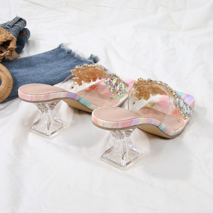 Sparkle Square Toe Clear Heeled Sandals – Rhinestone Embellished Transparent Mules