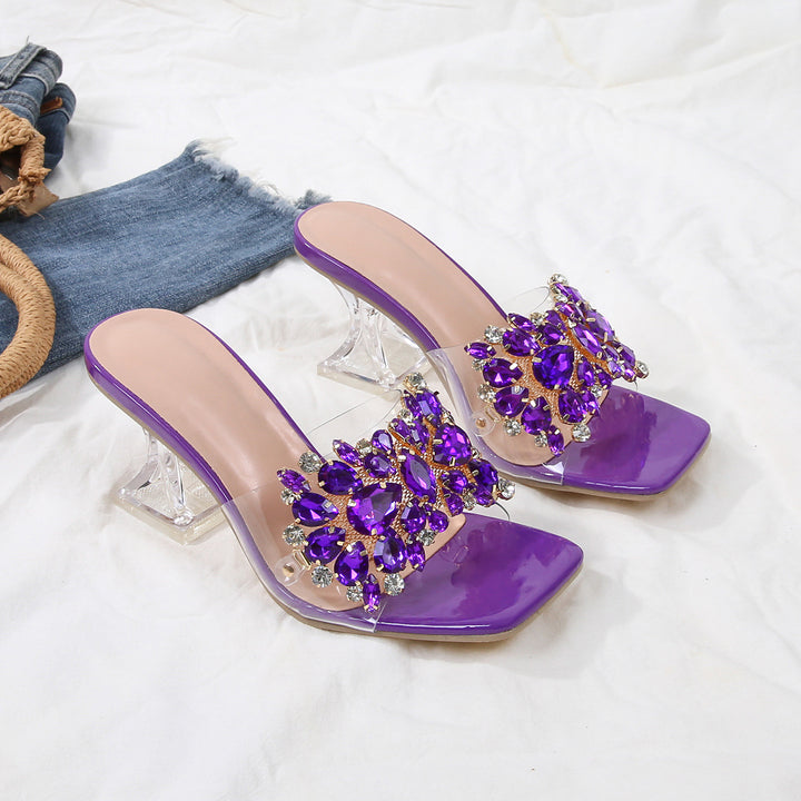 Sparkle Square Toe Clear Heeled Sandals – Rhinestone Embellished Transparent Mules