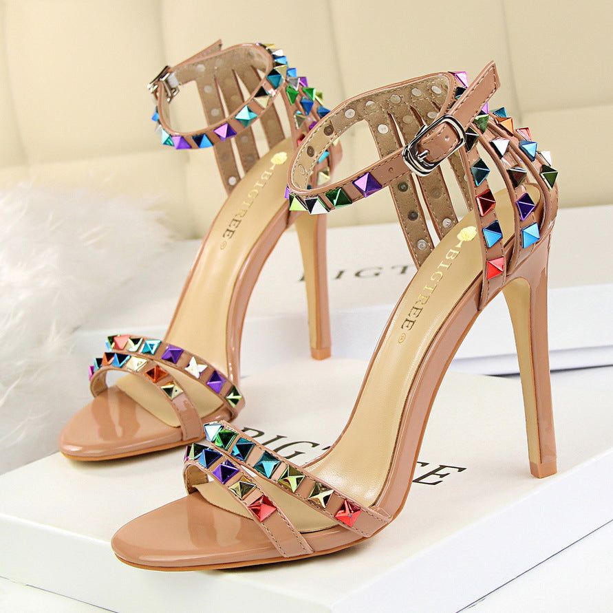 Multicolor Rivet Studded Stiletto Sandals Women - Sexy Strappy High Heel Party Sandals