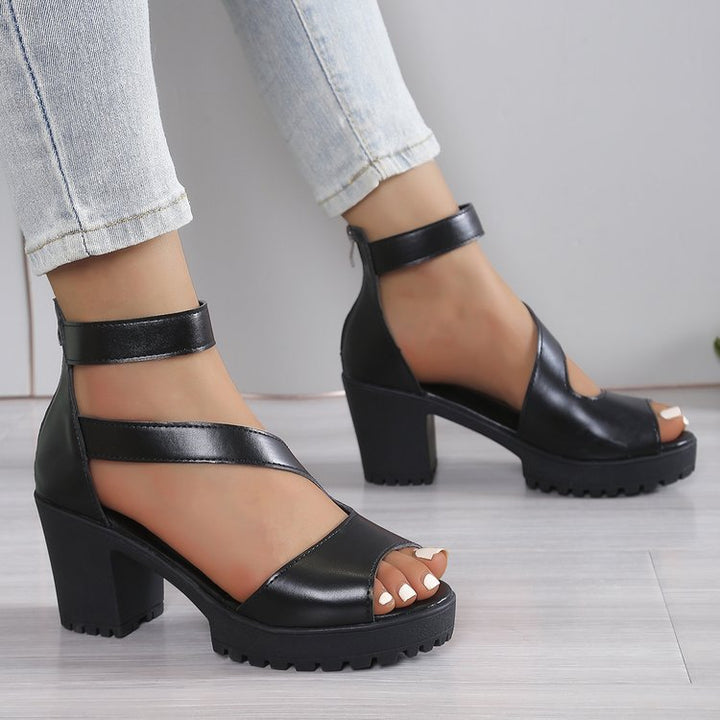 Stylish Black Chunky Platform Heeled Sandals with Ankle Strap - 7.5cm Heel