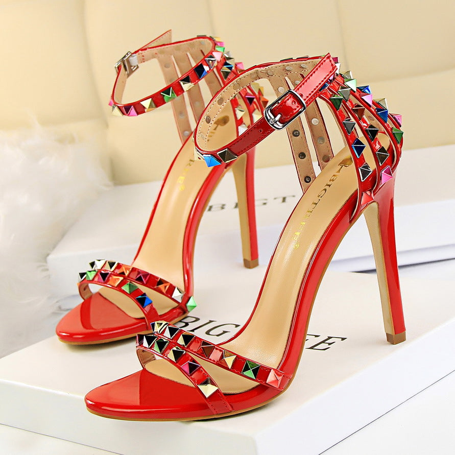 Multicolor Rivet Studded Stiletto Sandals Women - Sexy Strappy High Heel Party Sandals