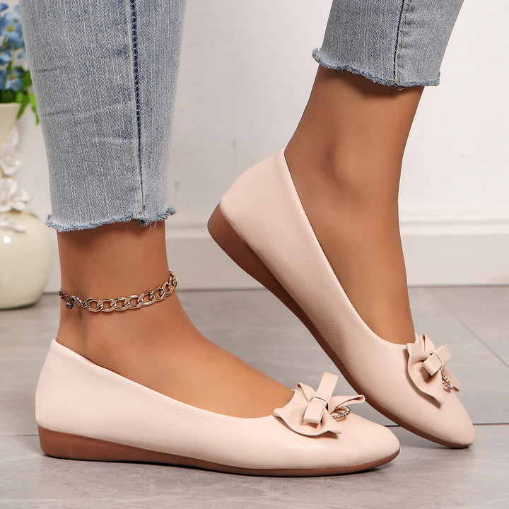 Women Pointed Toe Bow Flats with Rhinestone Comfort Low Wedge Shoes