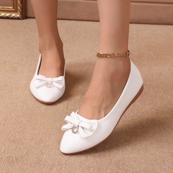 Women Pointed Toe Bow Flats with Rhinestone Comfort Low Wedge Shoes