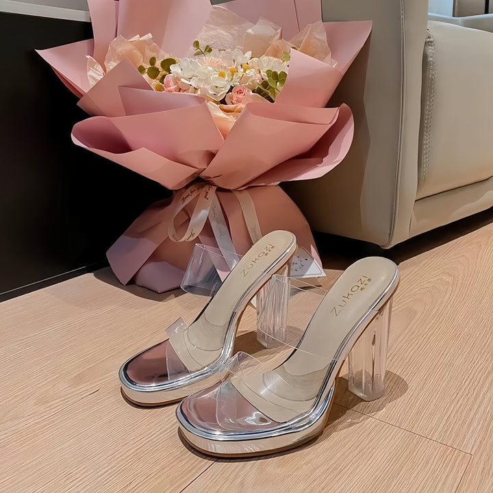 Glam Clear Platform Chunky Heel Mules – Transparent Strap Square Toe High Heels