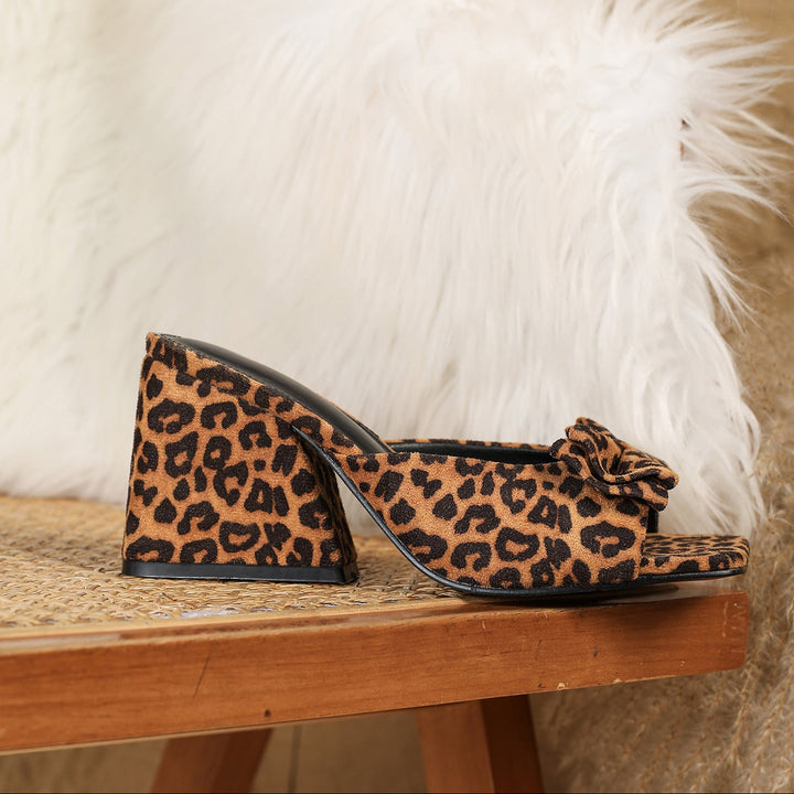 Leopard Print Bow Block Heel Mules - Square Toe Chunky Heeled Sandals