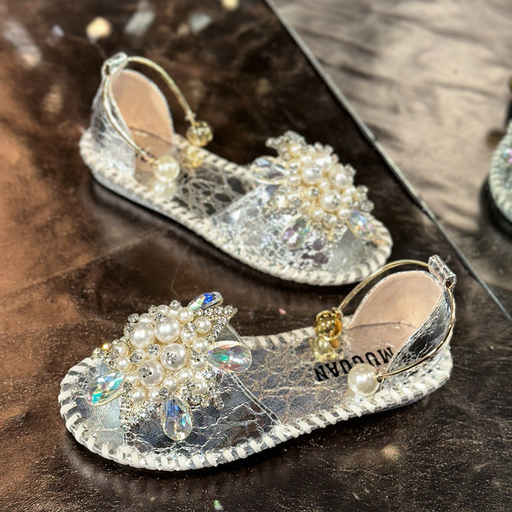Women Sparkly Pearl Crystal Embellished Peep Toe Flat Sandals with Ankle Strap