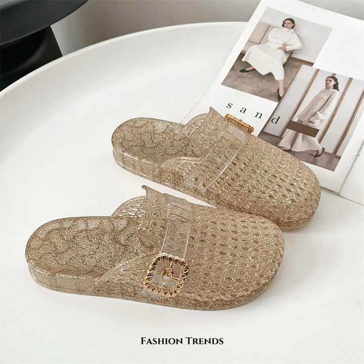 Sparkly Glitter Platform Slide Sandals for Women – Buckle Decor Transparent Chunky Slides