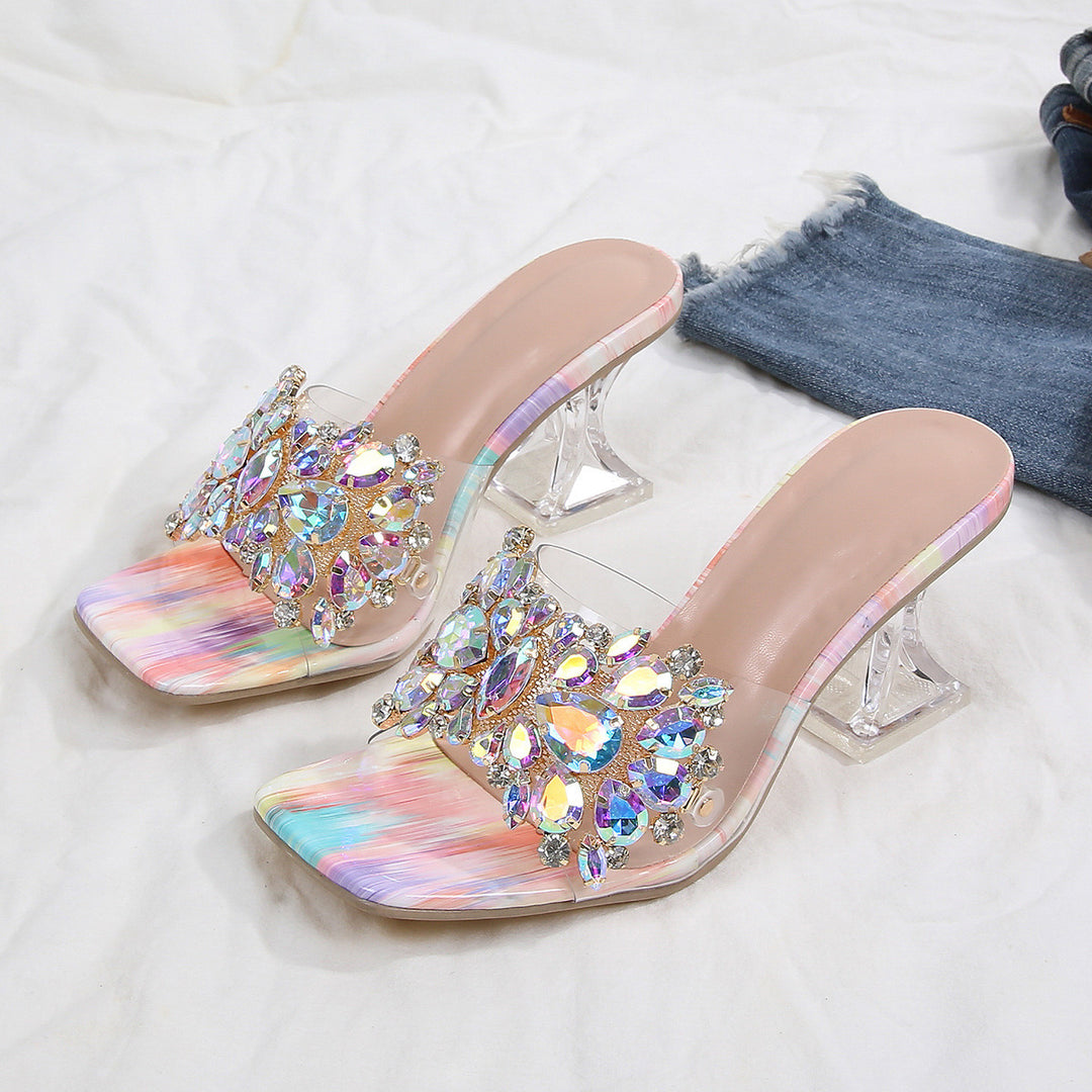 Sparkle Square Toe Clear Heeled Sandals – Rhinestone Embellished Transparent Mules