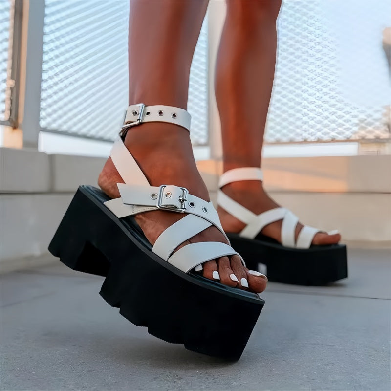 Chunky Platform Crisscross Strappy Sandals with Ankle Buckle – Women&