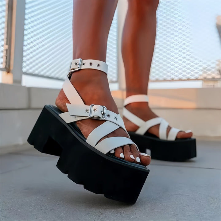 Chunky Platform Crisscross Strappy Sandals with Ankle Buckle – Women&