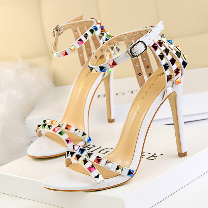 Multicolor Rivet Studded Stiletto Sandals Women - Sexy Strappy High Heel Party Sandals