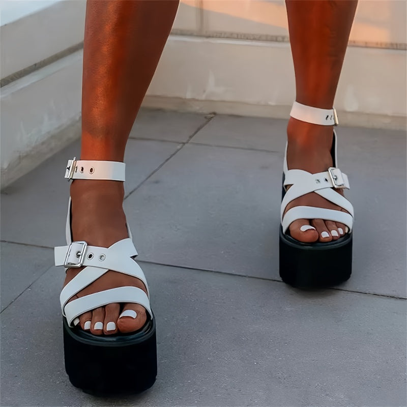 Chunky Platform Crisscross Strappy Sandals with Ankle Buckle – Women&