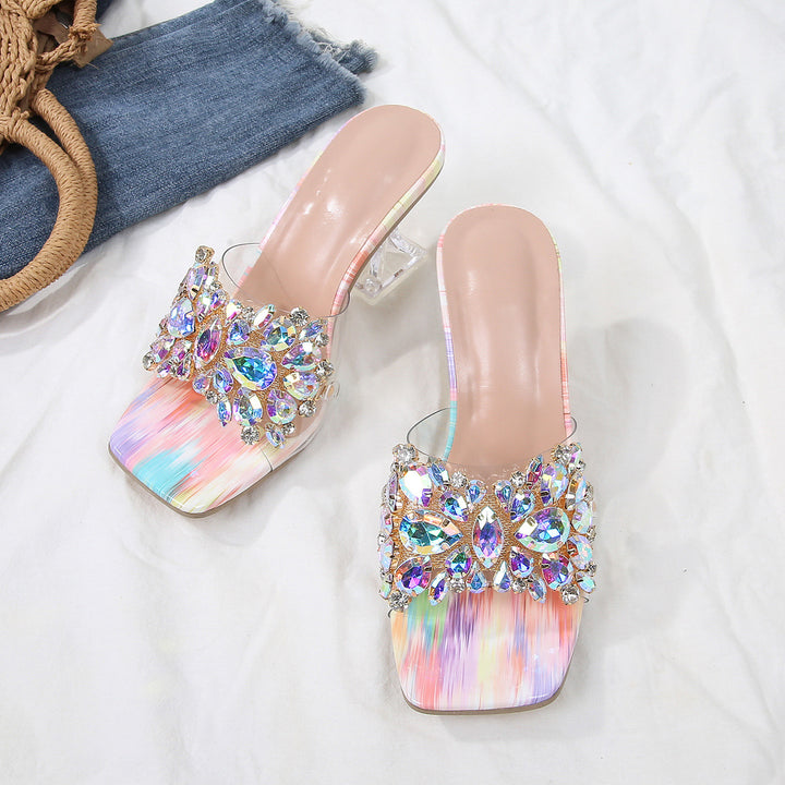 Sparkle Square Toe Clear Heeled Sandals – Rhinestone Embellished Transparent Mules